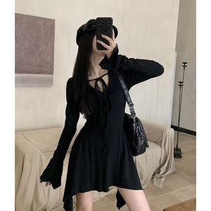 Women's Black Long Sleeve Fitted Waist Dress Criss Cross Neckline Asymmetrical Hem Daily Casual Wear - Product Image 1