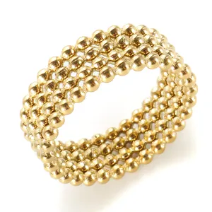 Mesh Interlocking Men Gold Plated Stainless Steel Irregular Twist Multi Layer Zircon Cz Full Pave Ball Bead Ring