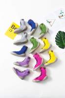 Chaussons-chaussettes pour bébé en tricot bleu marine sportif, mi-mollet, avec imprimé lettres, semelle souple et flexible en TPE antidérapante, vente en gros