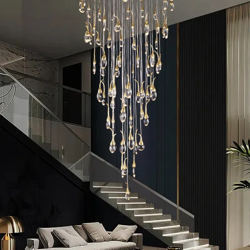 HUAYI Customized Hotel Lobby Project Copper Large Pendant Light Hanging Luxury Modern K9 Crystal Chandelier