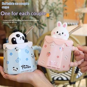 Mignonne tasse en céramique avec couvercle et paille, motif cœur de <span class=keywords><strong>fille</strong></span>, pour l'eau et le café au <span class=keywords><strong>bureau</strong></span> - Product Image 2