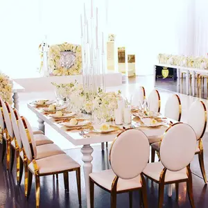 Venta al por mayor de lujo oro apilable PU cuero terciopelo espalda redonda Acero inoxidable Hotel Hall banquete evento boda Silla de comedor