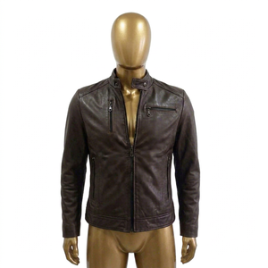 Chaqueta de Cuero Genuino Marrón Oscuro para Hombre, Estilo Biker Cafe Racer, con Cierre de Cremallera Impermeable, Cuello Alto y Logotipo Frontal - Product Image 1