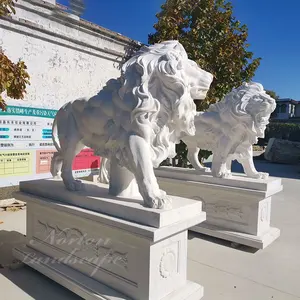 Moderno de alta qualidade mão-esculpido pedra natural granito mármore branco estáticas de leão escultura para venda