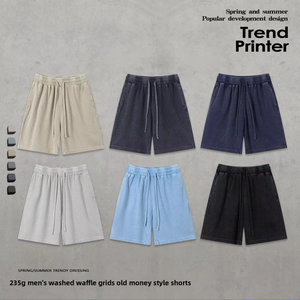 Shorts pour hommes en coton 235g, style streetwear robuste et rétro, tissage gaufré, fermeture à cordon, légèrement extensible, parfait pour un look décontracté - Product Image 4