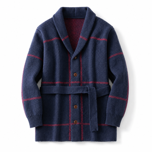 Cardigã Masculino de Tricô Longo com Cinto e Gola Xale Xadrez 100% Poliéster Vintage Jaqueta de Inverno Atacado OEM - Product Image 1