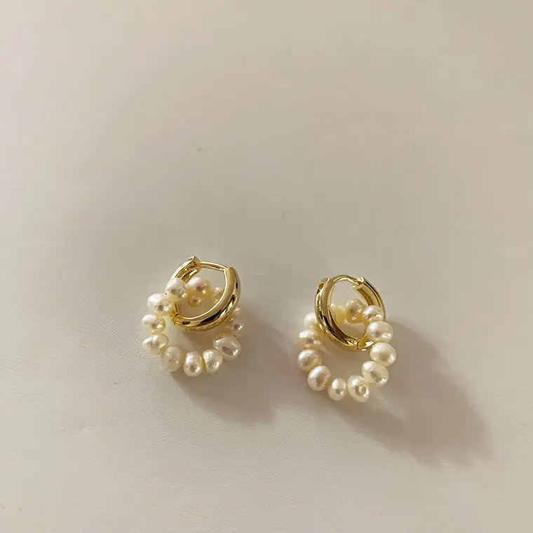 Double Circle Natural Freshwater Pearl Earrings Geometric Small Hoop Earrings for Women 2021 French Elegant Minimalist Jewelry