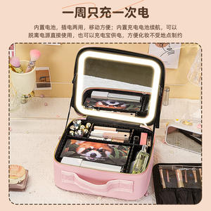 Trousse de maquillage lumineuse avec miroir LED, grande capacité, sac à cosmétiques professionnel pour le rangement à domicile, poignée souple, couleur unie - Product Image 4