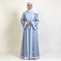Ensemble Abaya en dentelle bleu clair pour femme, avec superposition florale, tenue modeste, vêtements musulmans islamiques, longueur au sol, couvrance intégrale