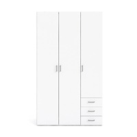 Armoire moderne en MDF blanc à 3 portes avec 3 tiroirs, tringle à vêtements, étagères réglables, fermeture douce, rangement durable pour chambre à coucher