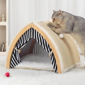 เต็นท์ข่วนเล็บแมวทำจากไม้ ลายขาวดำ พร้อมที่นอนอุ่นๆ สำหรับแมว - Product Image 1