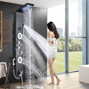 Panneau de <span class=keywords><strong>douche</strong></span> mural en acier inoxydable noir avec cascade, colonne de <span class=keywords><strong>douche</strong></span> avec jets, panneaux de <span class=keywords><strong>douche</strong></span> LED, Panel De Ducha - Product Image 1