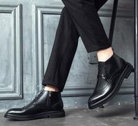 Sepatu Peninggi Badan Pria Model Tersembunyi - Kulit Sapi Hitam Lapisan Mesh Ujung Bulat Model Tali Sepatu Boots Setinggi Mata Kaki