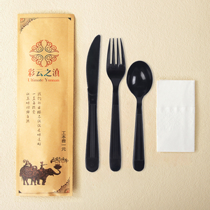 Biểu tượng tùy chỉnh dùng một lần thiết lập dao kéo takeout Đảng nhựa dao muỗng nĩa đũa <span class=keywords><strong>Flatware</strong></span> <span class=keywords><strong>Set</strong></span> với khăn ăn - Product Image 1