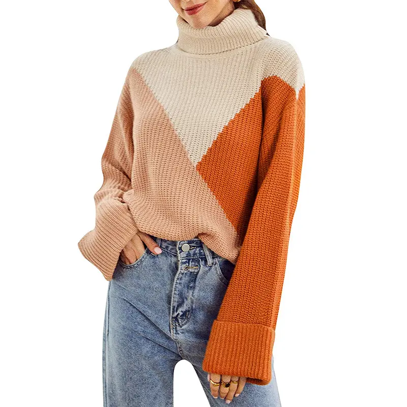 Großhandel Polyester Long Warm High Neck Sweater für <span class=keywords><strong>Frauen</strong></span> Stitching Color Jumper Casual Roll kragen pullover mit Roll kragen