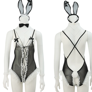 Cosplay Maid Sexy Bunny Girl Strappy Open-Crotch Bodysuit Lingerie No-Remove Uniform See-Through Set With <b>Stockings</b> - Product Image 3