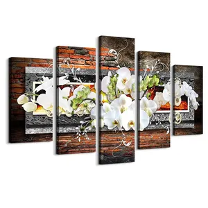 Living Room Wall Decor Poster 5 Piece Picture Butterfly Orchid Black And White Abstract Modern Framed Canvas Wall Art Prints