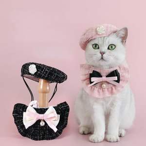 Conjunto de Disfraz de Gato o Cachorro con Sombrero, Collar, Decoración Floral, Boina de Tweed, Lazo, Babero de Perlas, Estilo Princesa, Accesorios para Fiestas para Gatitos - Product Image 1