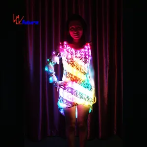 Women LED T shirt, Sexy Rocky Girls LED Gogo Dance Clothes Young Girls Stage Nightclub Wear Dress