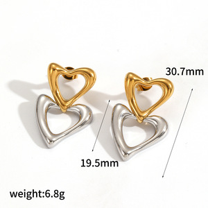 Pendientes de acero inoxidable con forma de corazón de doble capa, chapados en oro y plata para mujer, uso diario - Product Image 5