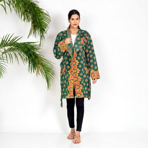 Premium Cotton Quilted Kantha Jacket for Women Handmade Vintage Reversible Ethnic Block <b>Print</b> Winter Jacket Sustainable Apparel - Product Image 1