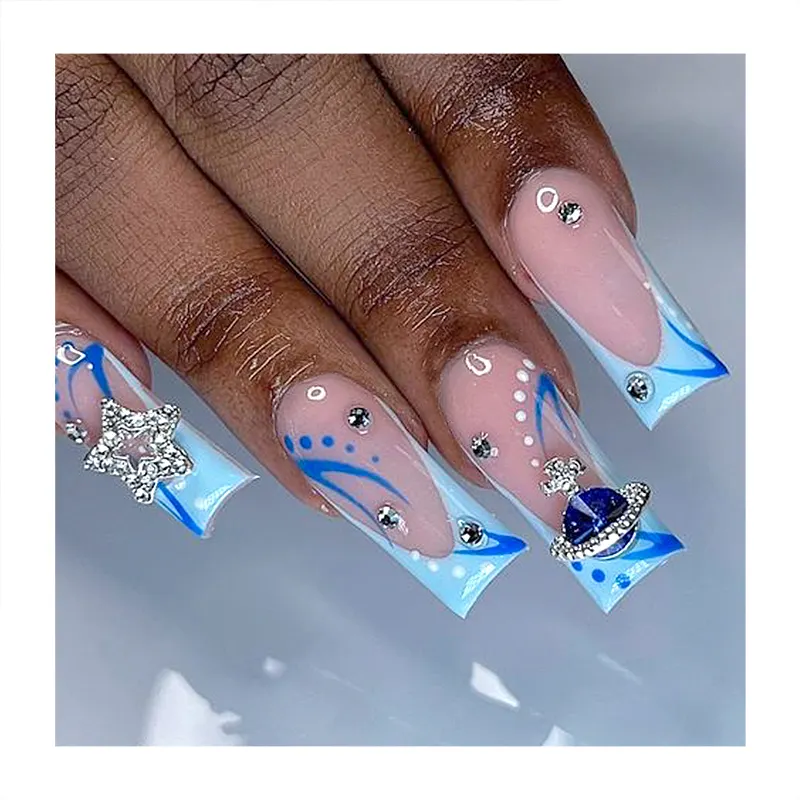 Personal Design Long Coffin FingerNails Nude Tips Stick Jewel Big Glitter Jewel Star Top Paint Light Blue acrylic Press On Nails