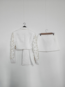 A10902 शरद फ्रेंच सुरुचिपूर्ण ठोस रंग महिलाओं के सूट सेट भारी बेडेड ब्लेज़र टॉप सीधे-लाइन स्कर्ट - Product Image 3