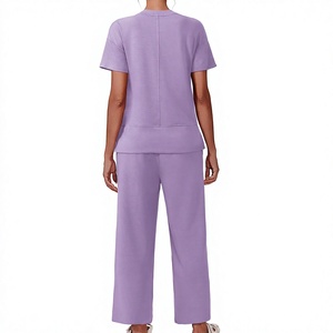 Women's 2 Piece Casual <b>Set</b> Purple Knitted Short Sleeve Top Wide Leg Pants Loose Fit Solid Color Spring Summer Outfit Tracksuits - Product Image 2