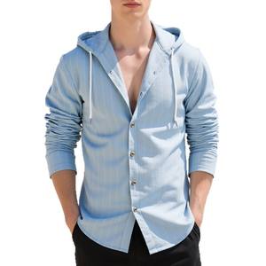 Chemise à capuche rayée à manches longues pour homme, boutonnée sur le devant, en mélange de lin respirant, style décontracté pour la plage - Product Image 5
