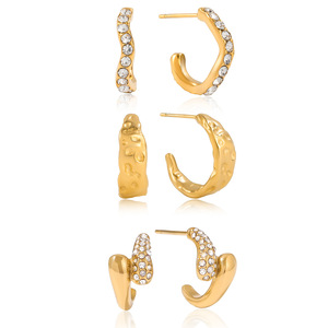 Huggie <b>Earrings</b> 18K Gold Plated Stainless Steel C Hoop <b>Studs</b> Geometric Design Bezel Set <b>Crystals</b> Fashion Jewelry - Product Image 5