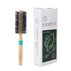 Private Label Hard Nylon Bristles Wooden Styling Brush White Roller Wood Round Hair Brushes for Curly Hair