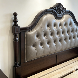 Traditional Queen Size Upholstered Wood Bed with Storage <b>Box</b> Spring Frame Mahogany Finish Soft Fabric Headboard - Product Image 4