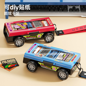 Trousse à crayons en forme de voiture de course, boîte de rangement double couche avec gomme et taille-crayon, organisateur de papeterie pour enfants, bleu jaune - Product Image 3