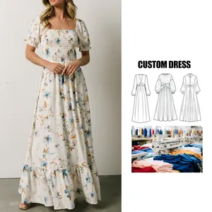 Wholesale 2024 Vestidos Summer Elegantes Chiffon Floral Print Women's Dress French Maxi Long Sleeve Ladies Casual Dresses