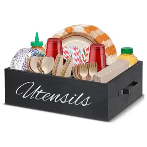 Rustieke Torch Hout Retro Keuken Aanrecht Papier Gebruiksvoorwerp Opbergdoos Met Matte Black Metal Beugel Accenten Vier Compartiment