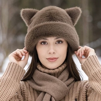 Bonnet d'hiver en fausse fourrure pour femme, motif léopard des neiges avec oreilles d'animaux mignonnes, chaud et moelleux, de luxe, pour le ski et le quotidien, direct usine, fournisseur ODM