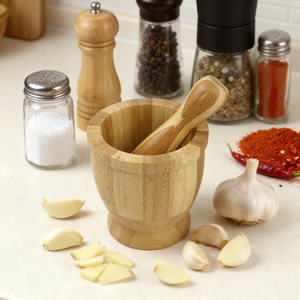 Juego de mortero y Maja de bambú al por mayor para casa natural, cuenco de <span class=keywords><strong>guacamole</strong></span>, cáscara, ajo, pimienta, prensa, Molinillo, trituradora, mezcla de <span class=keywords><strong>Molcajete</strong></span> - Product Image 4