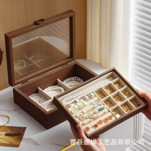 Caja de joyería de madera de doble capa con tapa abatible, compartimento acrílico para almacenamiento de anillos, pendientes, collares, organizador rectangular 18L - Product Image 1