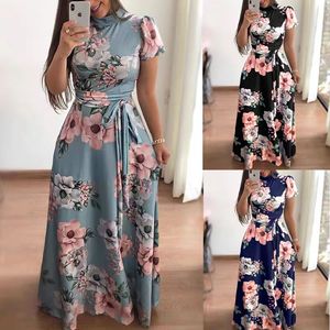 Vestido Largo de Verano para <span class=keywords><strong>Mujer</strong></span> 2026, Manga Larga/Corta, Estampado Floral, Cuello Alto, <span class=keywords><strong>Cinturón</strong></span>, Elegante, Casual, Tallas Grandes - Product Image 3