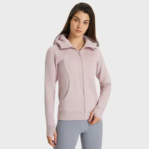 Sıcak polar kış ön Zip kazak başparmak delik ile yüksek kalite kadın ceketler üst Hoodie gündelik giyim Yoga spor ceket