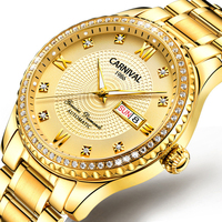 Montre mécanique pour homme CARNIVAL en acier inoxydable incrustée de strass, chiffres romains, affichage double date, aiguilles lumineuses, saphir