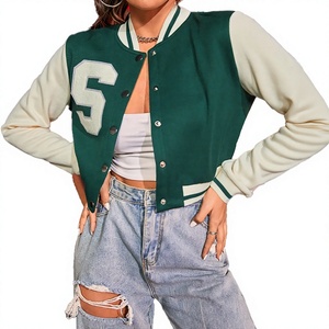 Chaqueta Varsity para Mujer, Color Verde Beige, con Bloques de Color, Apliques de Letras, Cuello Alto, Estilo Casual, Tipo Bomber - Product Image 1
