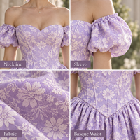 Robe mini pour femme ODM, jacquard floral, épaules dénudées, manches bouffantes, col cœur, froncée, coupe trapèze, robe de cocktail mini