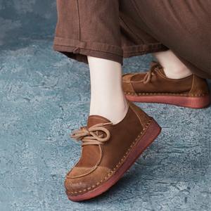 รองเท้าผู้หญิงสไตล์ชาติพันธุ์แบบใหม่สำหรับฤดูใบไม้ร่วง หนังวัวทรงหัวมน แบบผูกเชือก ส้นแบน พื้นนุ่ม สวมใส่สบาย - Product Image 4