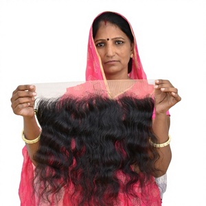 Extensions de cheveux indiens vierges Remy, double trame, ondulés, couleur noire, sans nœuds, avec frontal 13*6 - Product Image 1