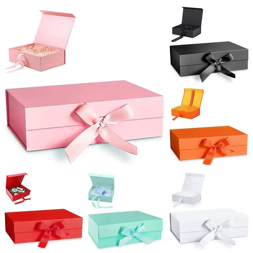 Cajas de papel Kraft de alta calidad con logotipo personalizado, papel de cartón magnético rosa, embalaje de regalo de boda con cinta