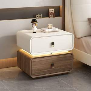 Modern Minimalist Nightstand Solid Wood Cream Color With Led <b>Light</b> Bedroom Storage Drawer Fully Assembled - Product Image 1
