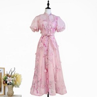 Nouvelle Robe Midi Style Palais à Grande Jupe Évasée, Manches Bouffantes à Fleurs Tridimensionnelles, Série Robes Industrielles de Haute Qualité avec Ceinture