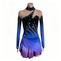 Robe de patinage artistique dégradé noir bleu violet, col montant, manches longues, ornée de strass, costume de danse sur glace pour adultes et enfants