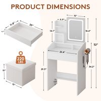 Petit ensemble de coiffeuse moderne blanc avec miroir éclairé et station de charge, tabouret de rangement et support pour sèche-cheveux